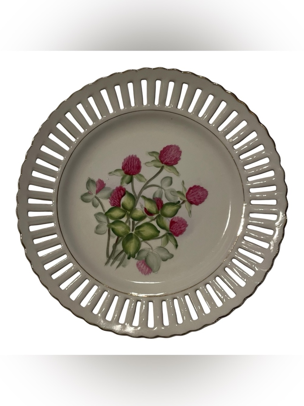 Lefton China Reticulated Plate Hand Painted Botanical Clover Floral Gold NE2509